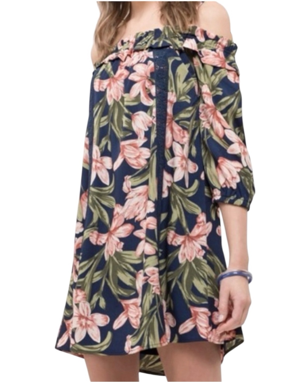 Blu Pepper Cold Shoulder Floral Dress Size M Tropical Off Shoulder Dress